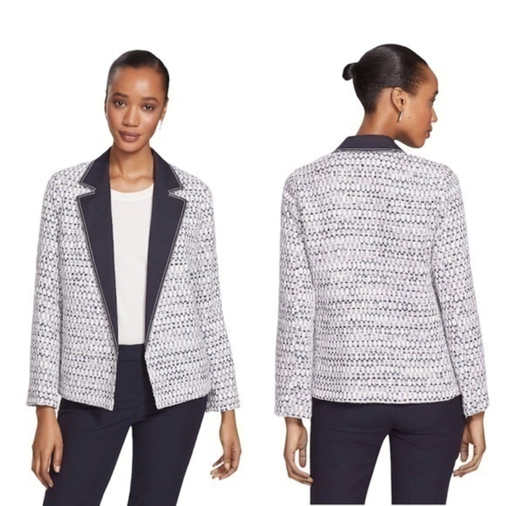 Lafayette 148 Navy Blue White Silver Astor Tweed Atwood Blazer Jacket Small